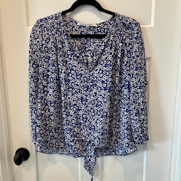 Collective Concepts Tie Top, Royal blue with White Floral design, EUC, M - Picture 3 of 9